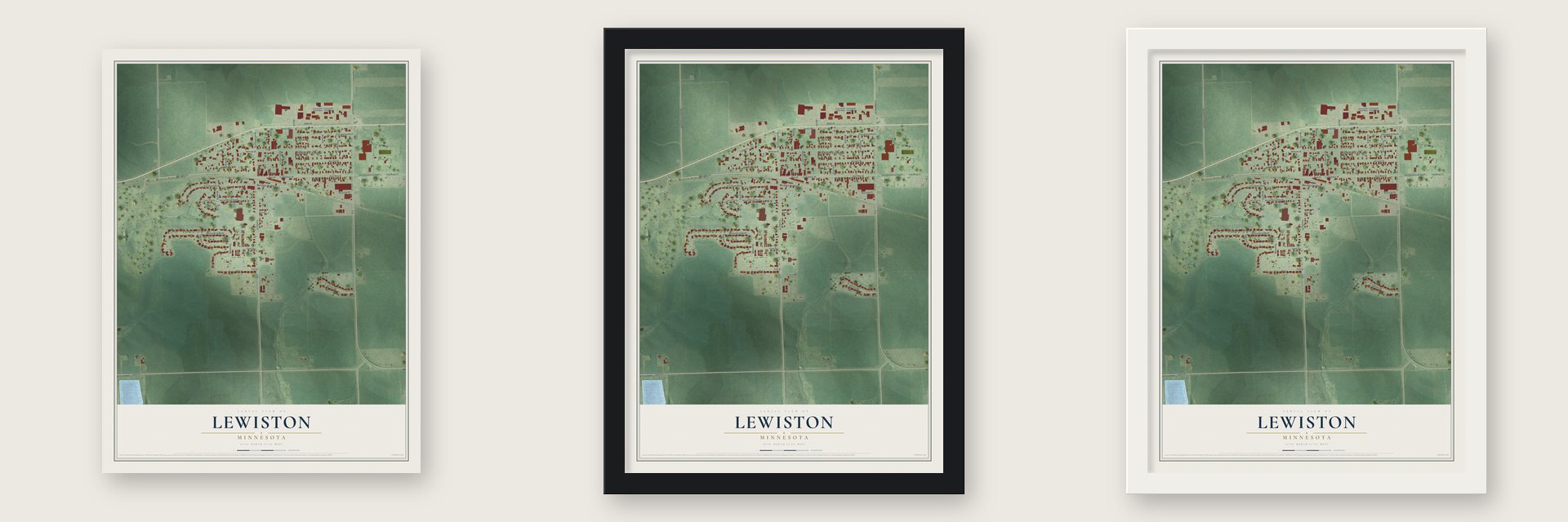 Lewiston, Minnesota map unframed, in a black wood frame and in a white wood frame