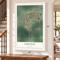 Lewiston, Minnesota map, 24 x 36 inch print in a white frame by a staircase