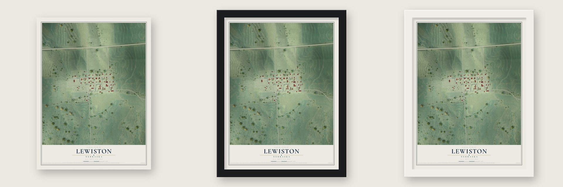 Lewiston, Nebraska map unframed, in a black wood frame and in a white wood frame