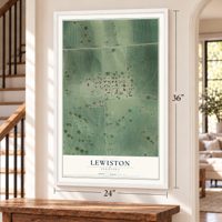 Lewiston, Nebraska map, 24 x 36 inch print in a white frame by a staircase