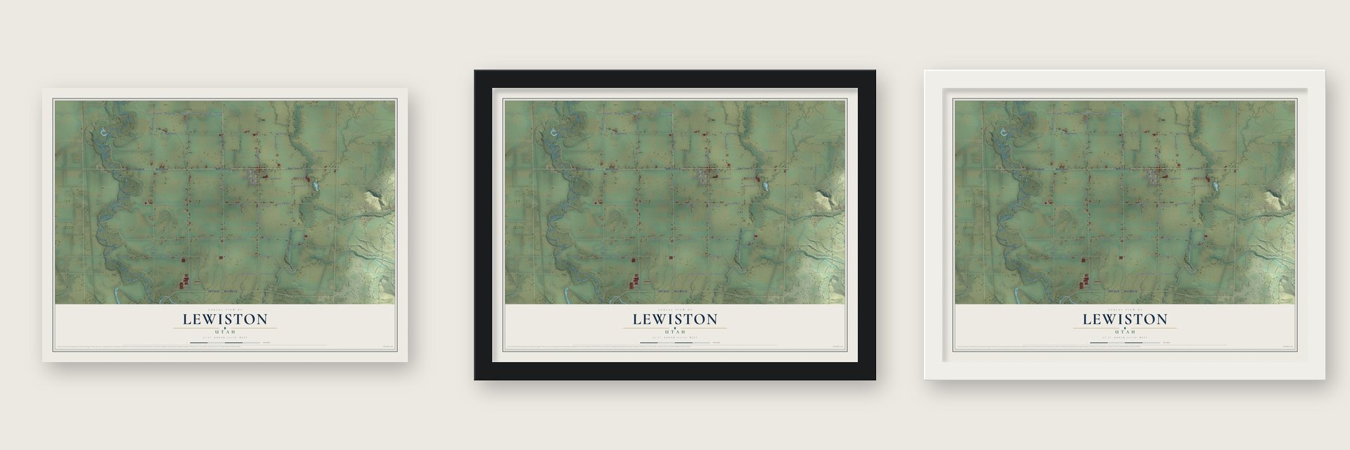 Lewiston, Utah map unframed, in a black wood frame and in a white wood frame