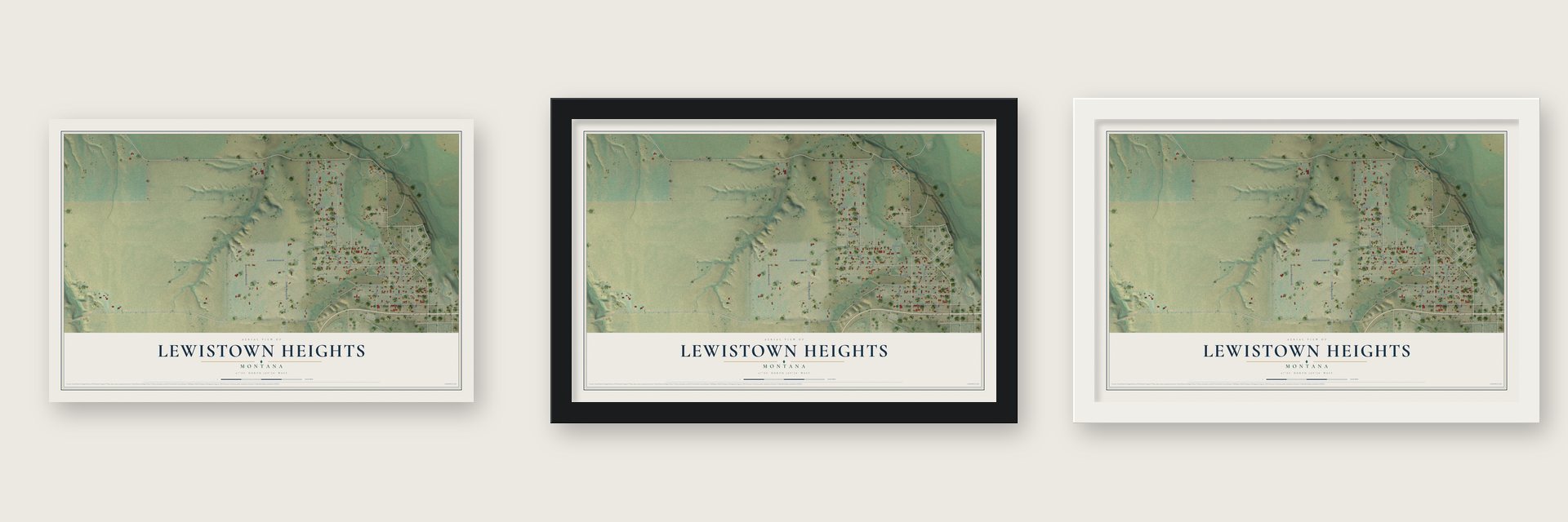 Lewistown Heights, Montana map unframed, in a black wood frame and in a white wood frame