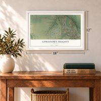 Lewistown Heights, Montana map, 12 x 18 inch print in a white frame in an entryway