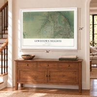 Lewistown Heights, Montana map, 24 x 36 inch print in a white frame above a dresser by a staircase