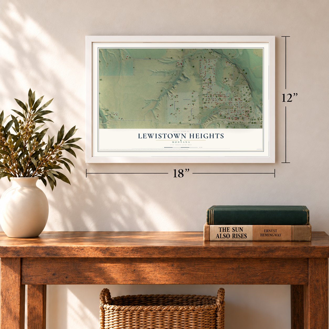 Lewistown Heights, Montana map, 12 x 18 inch print in a white frame in an entryway