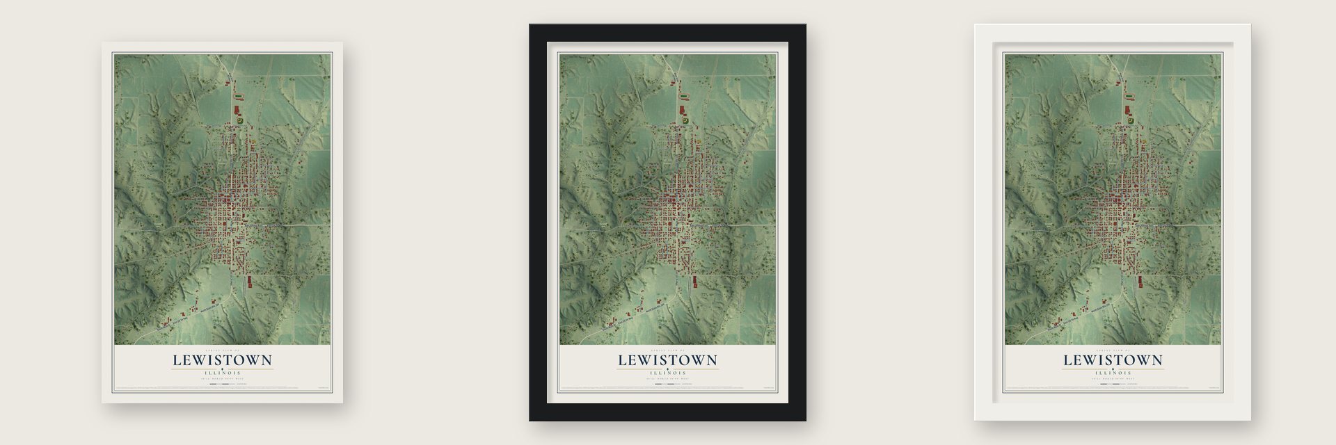 Lewistown, Illinois map unframed, in a black wood frame and in a white wood frame