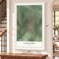 Lewistown, Illinois map, 24 x 36 inch print in a white frame by a staircase