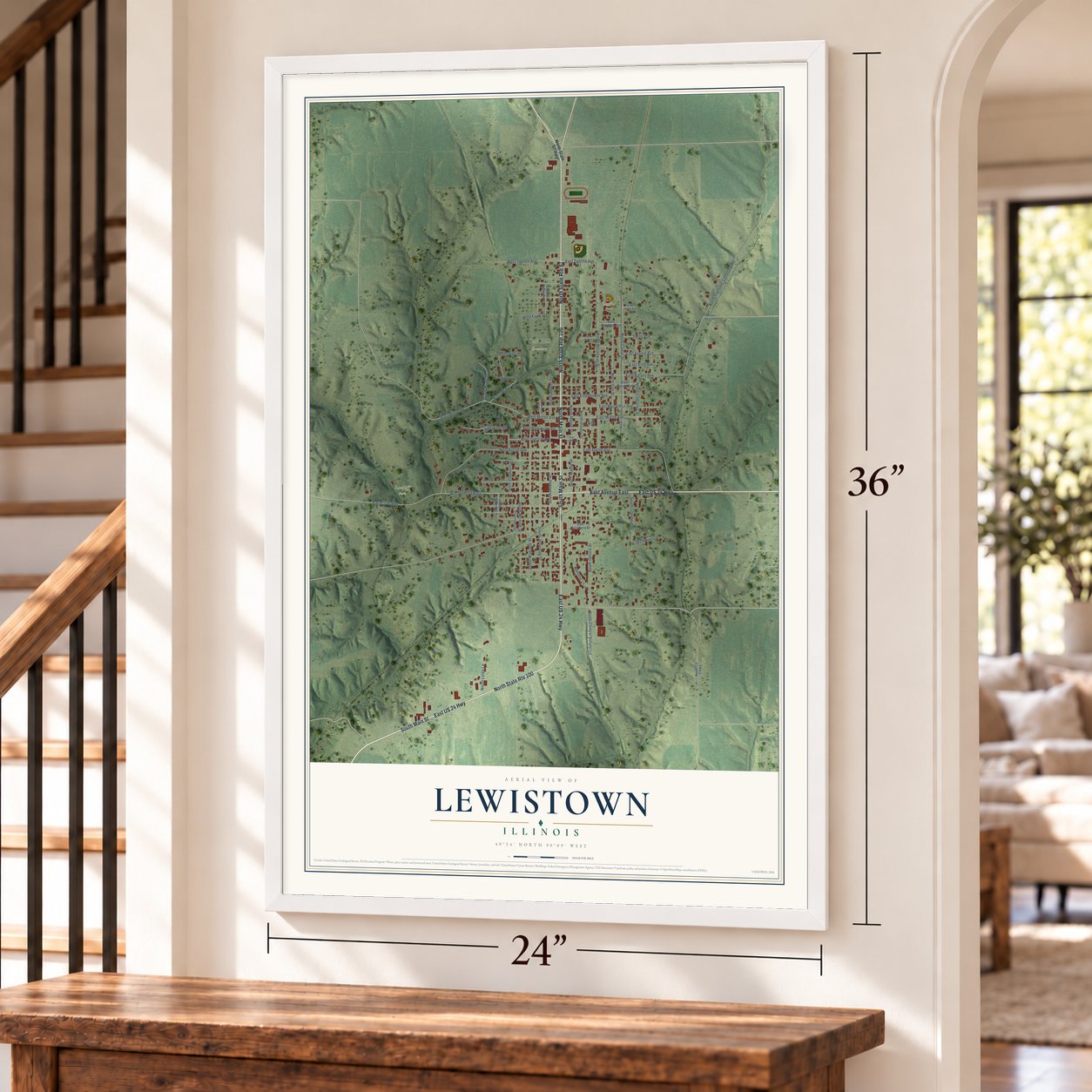 Lewistown, Illinois map, 24 x 36 inch print in a white frame by a staircase
