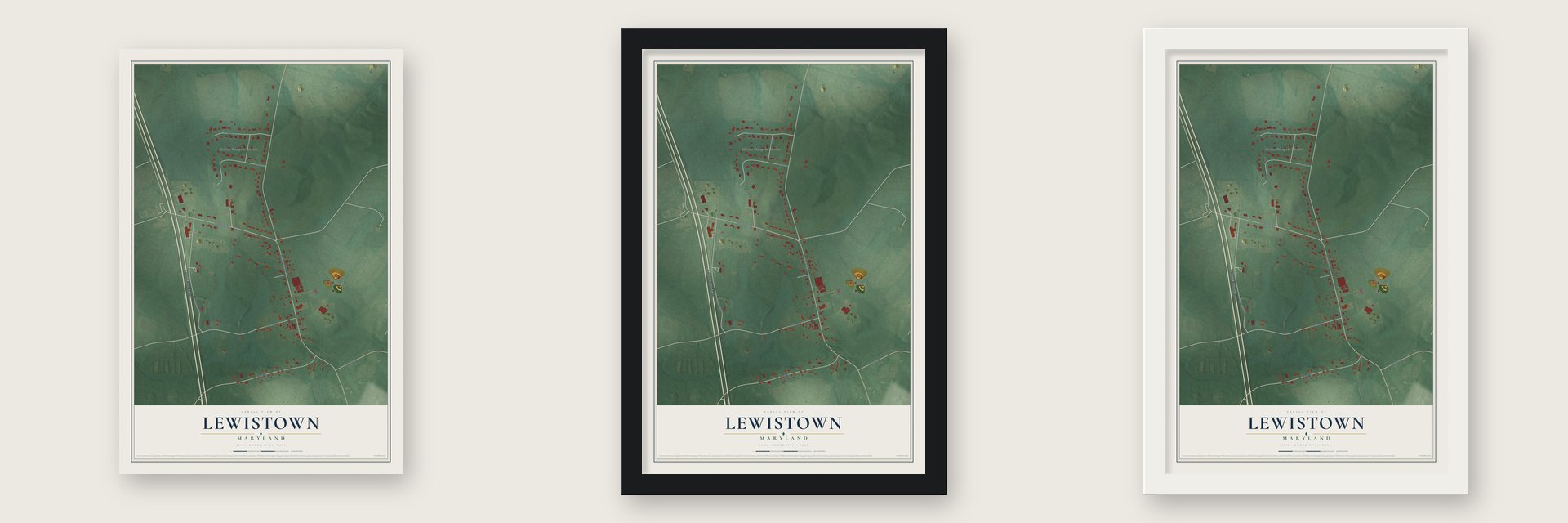 Lewistown, Maryland map unframed, in a black wood frame and in a white wood frame