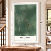 Lewistown, Maryland map, 24 x 36 inch print in a white frame by a staircase