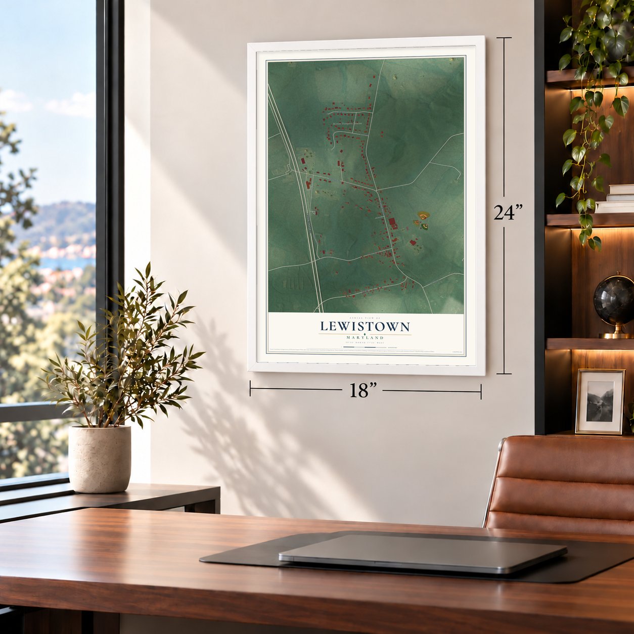 Lewistown, Maryland map, 18 x 24 inch print in a white frame in a home office