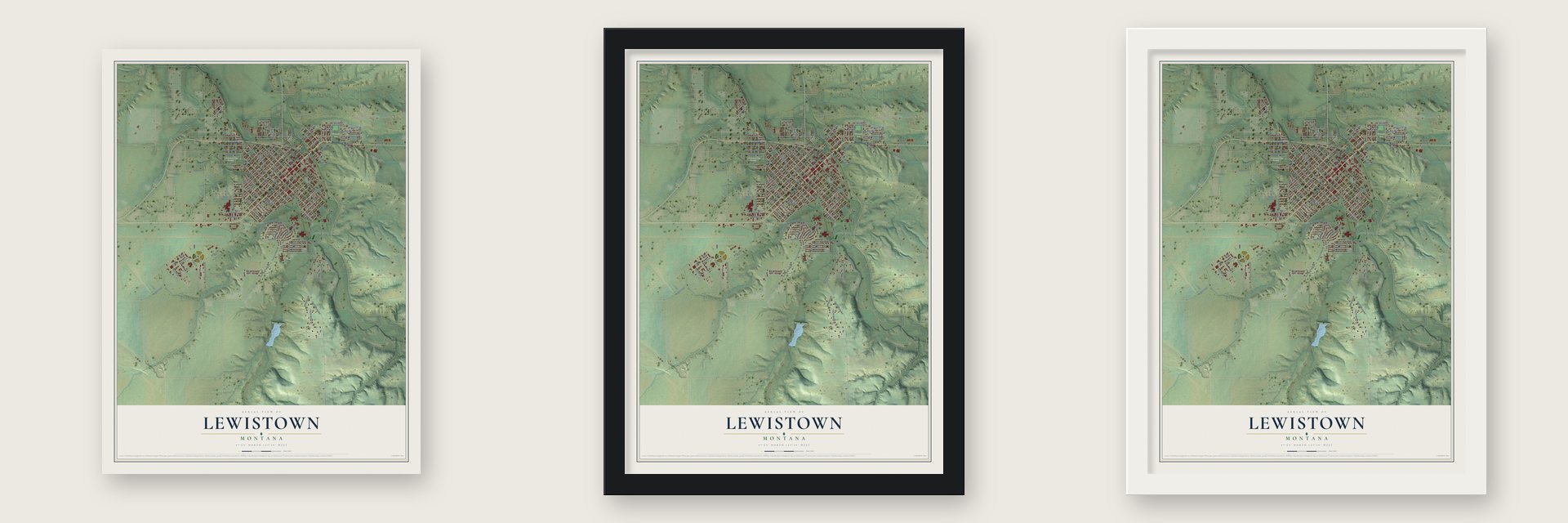 Lewistown, Montana map unframed, in a black wood frame and in a white wood frame