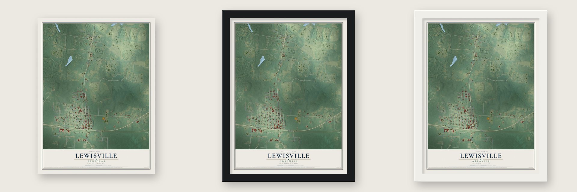 Lewisville, Arkansas map unframed, in a black wood frame and in a white wood frame