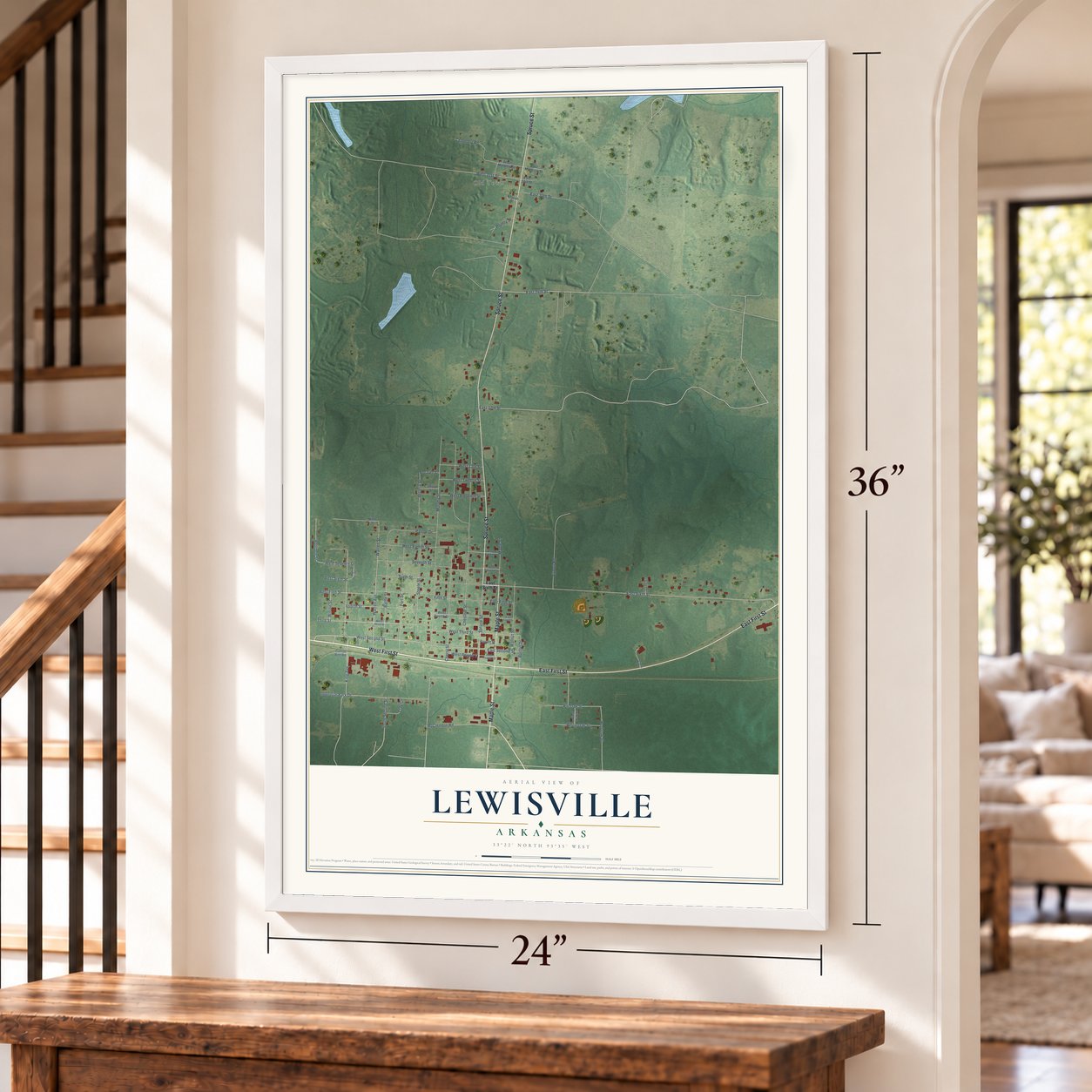 Lewisville, Arkansas map, 24 x 36 inch print in a white frame by a staircase