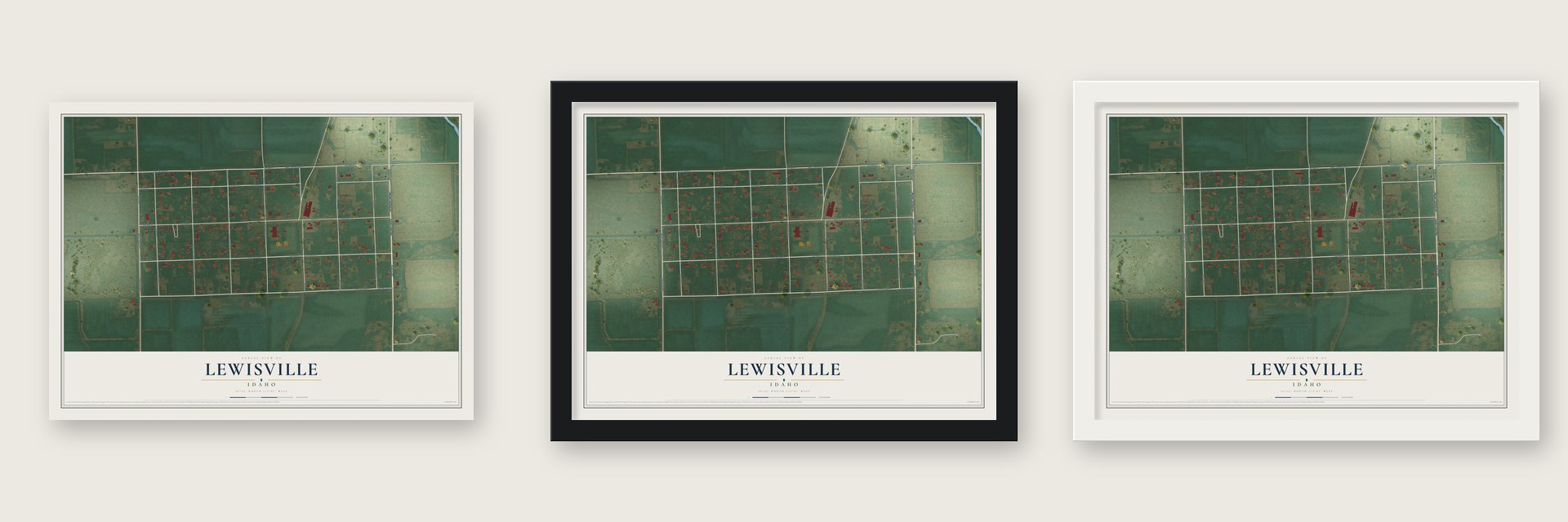 Lewisville, Idaho map unframed, in a black wood frame and in a white wood frame