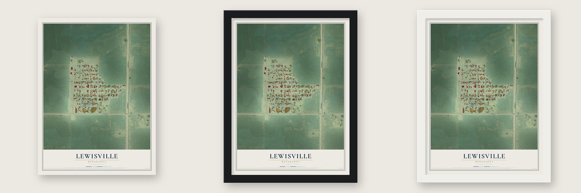 Lewisville, Minnesota map unframed, in a black wood frame and in a white wood frame