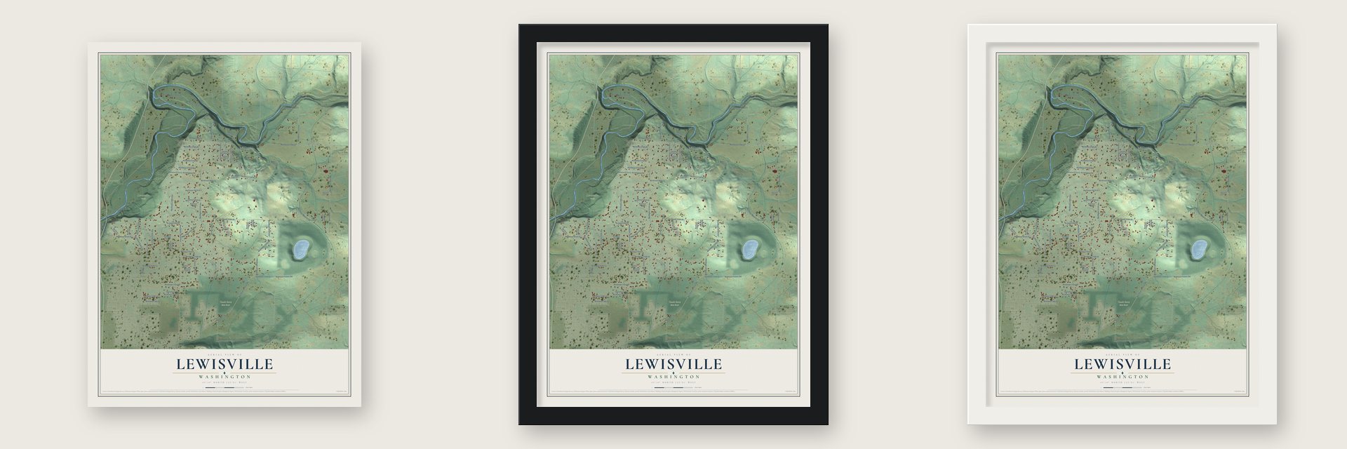 Lewisville, Washington map unframed, in a black wood frame and in a white wood frame