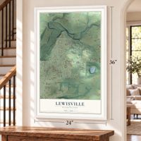 Lewisville, Washington map, 24 x 36 inch print in a white frame by a staircase