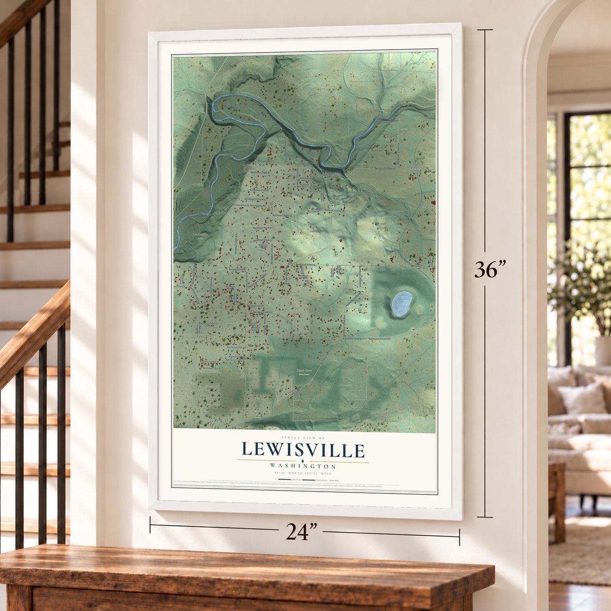Lewisville, Washington map, 24 x 36 inch print in a white frame by a staircase