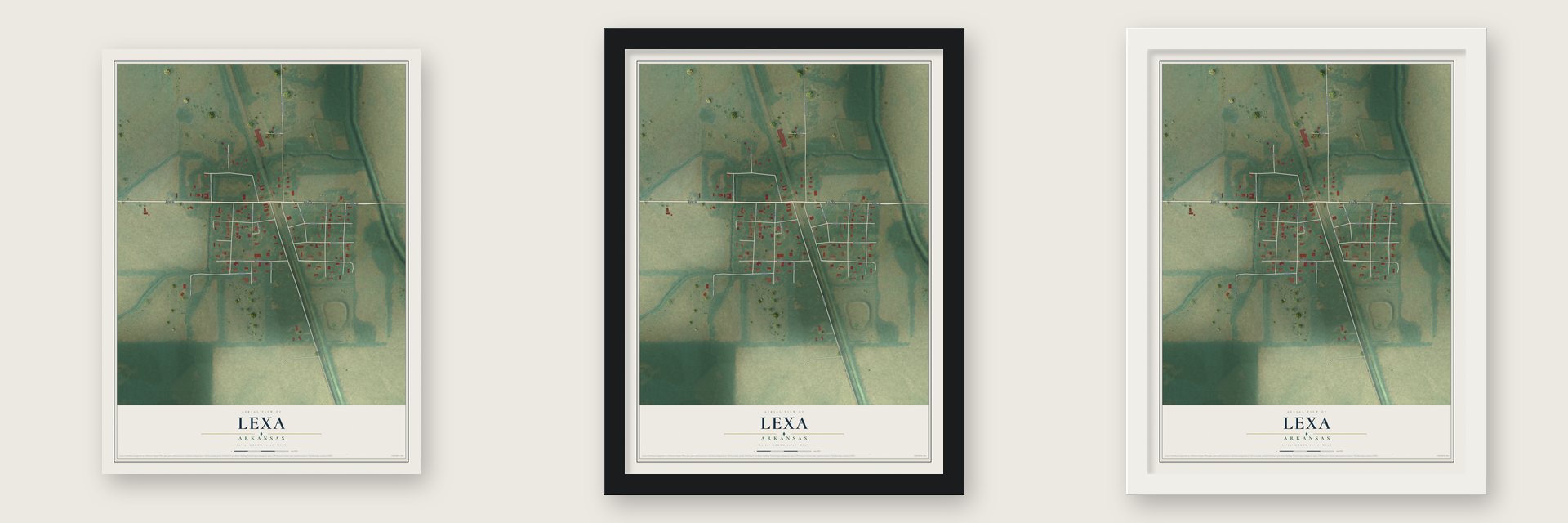 Lexa, Arkansas map unframed, in a black wood frame and in a white wood frame