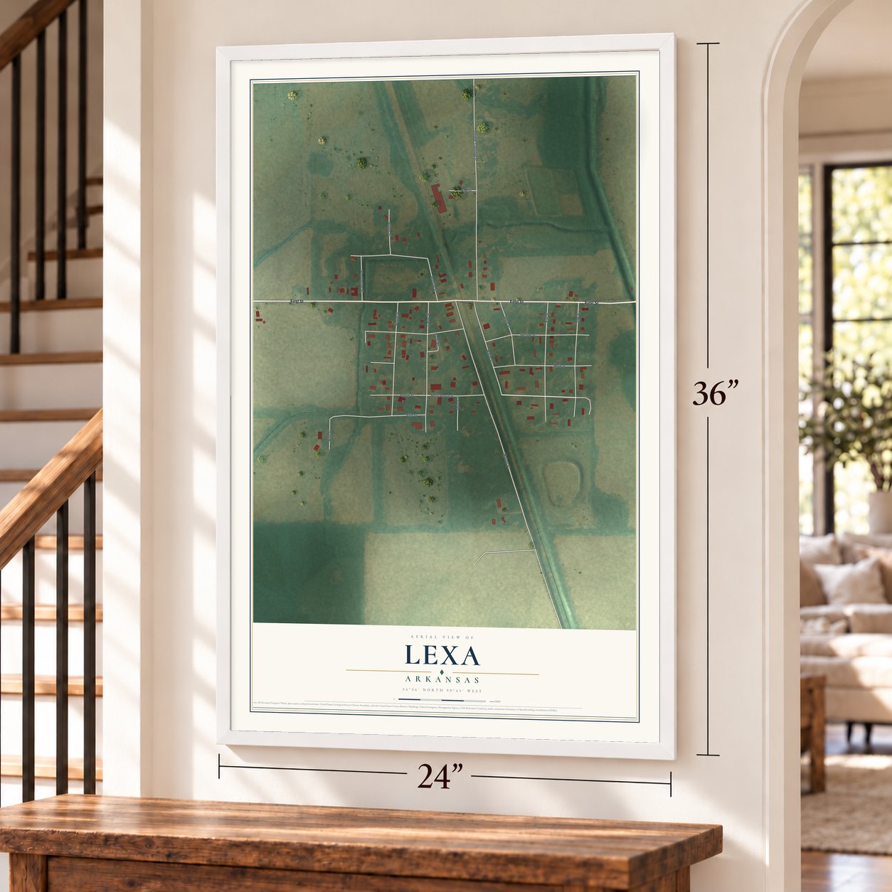 Lexa, Arkansas map, 24 x 36 inch print in a white frame by a staircase