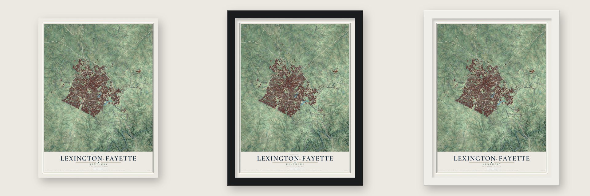 Lexington-Fayette, Kentucky map unframed, in a black wood frame and in a white wood frame