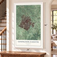Lexington-Fayette, Kentucky map, 24 x 36 inch print in a white frame by a staircase