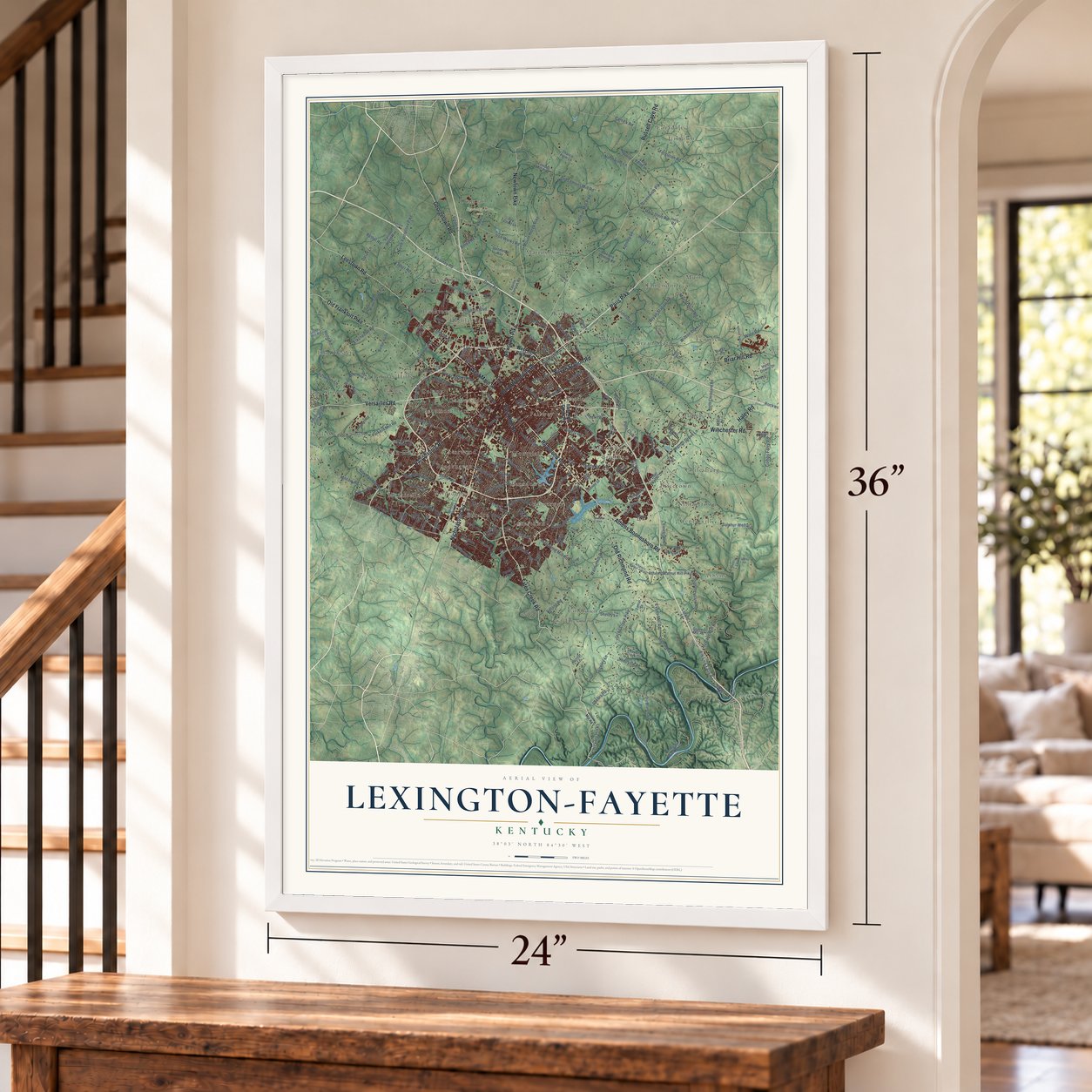Lexington-Fayette, Kentucky map, 24 x 36 inch print in a white frame by a staircase