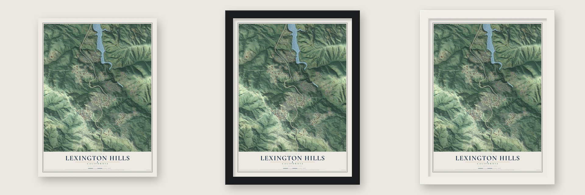 Lexington Hills, California map unframed, in a black wood frame and in a white wood frame