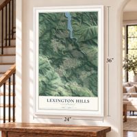Lexington Hills, California map, 24 x 36 inch print in a white frame by a staircase