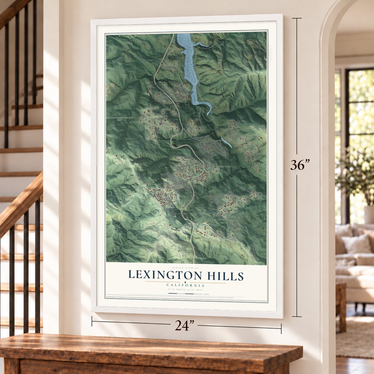 Lexington Hills, California map, 24 x 36 inch print in a white frame by a staircase