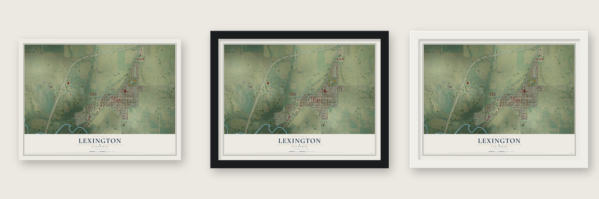 Lexington, Illinois map unframed, in a black wood frame and in a white wood frame