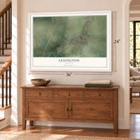 Lexington, Illinois map, 24 x 36 inch print in a white frame above a dresser by a staircase