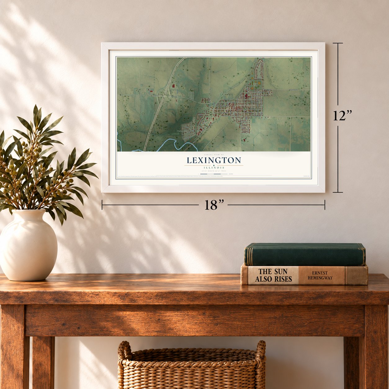 Lexington, Illinois map, 12 x 18 inch print in a white frame in an entryway