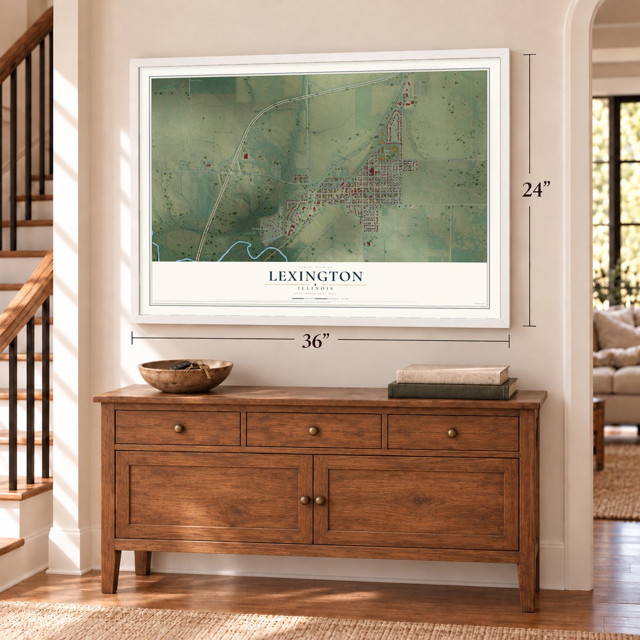 Lexington, Illinois map, 24 x 36 inch print in a white frame above a dresser by a staircase