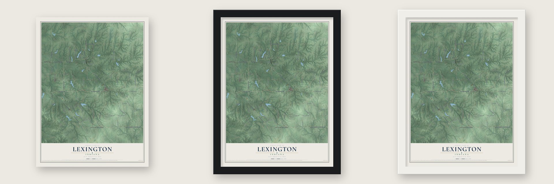 Lexington, Indiana map unframed, in a black wood frame and in a white wood frame