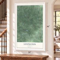 Lexington, Indiana map, 24 x 36 inch print in a white frame by a staircase