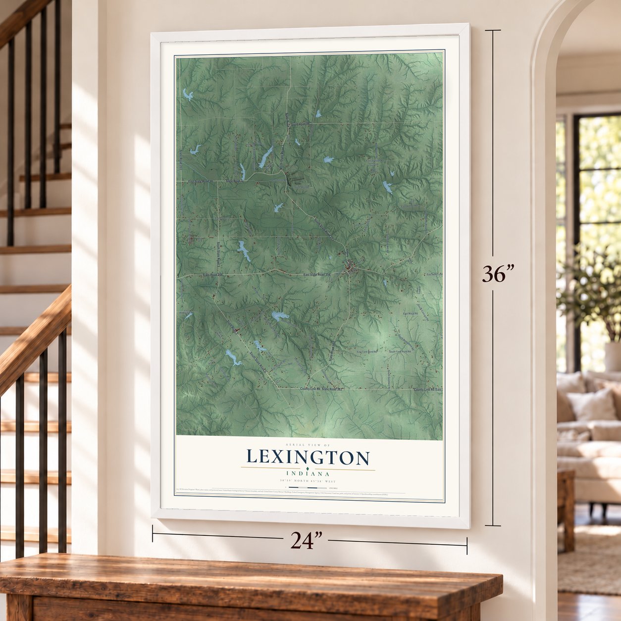 Lexington, Indiana map, 24 x 36 inch print in a white frame by a staircase