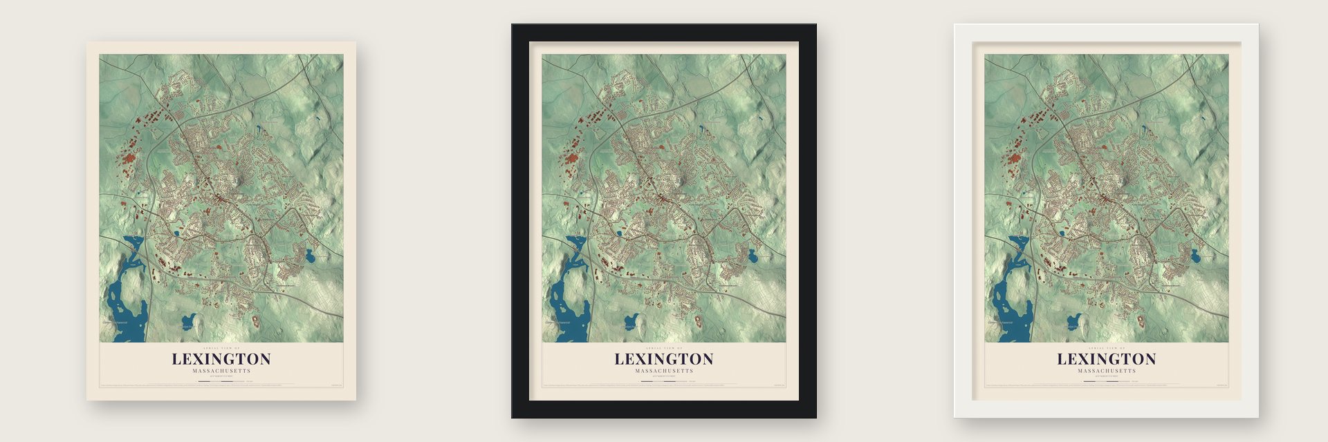 Lexington, Massachusetts map unframed, in a black wood frame and in a white wood frame
