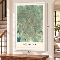 Lexington, Massachusetts map, 24 x 36 inch print in a white frame by a staircase