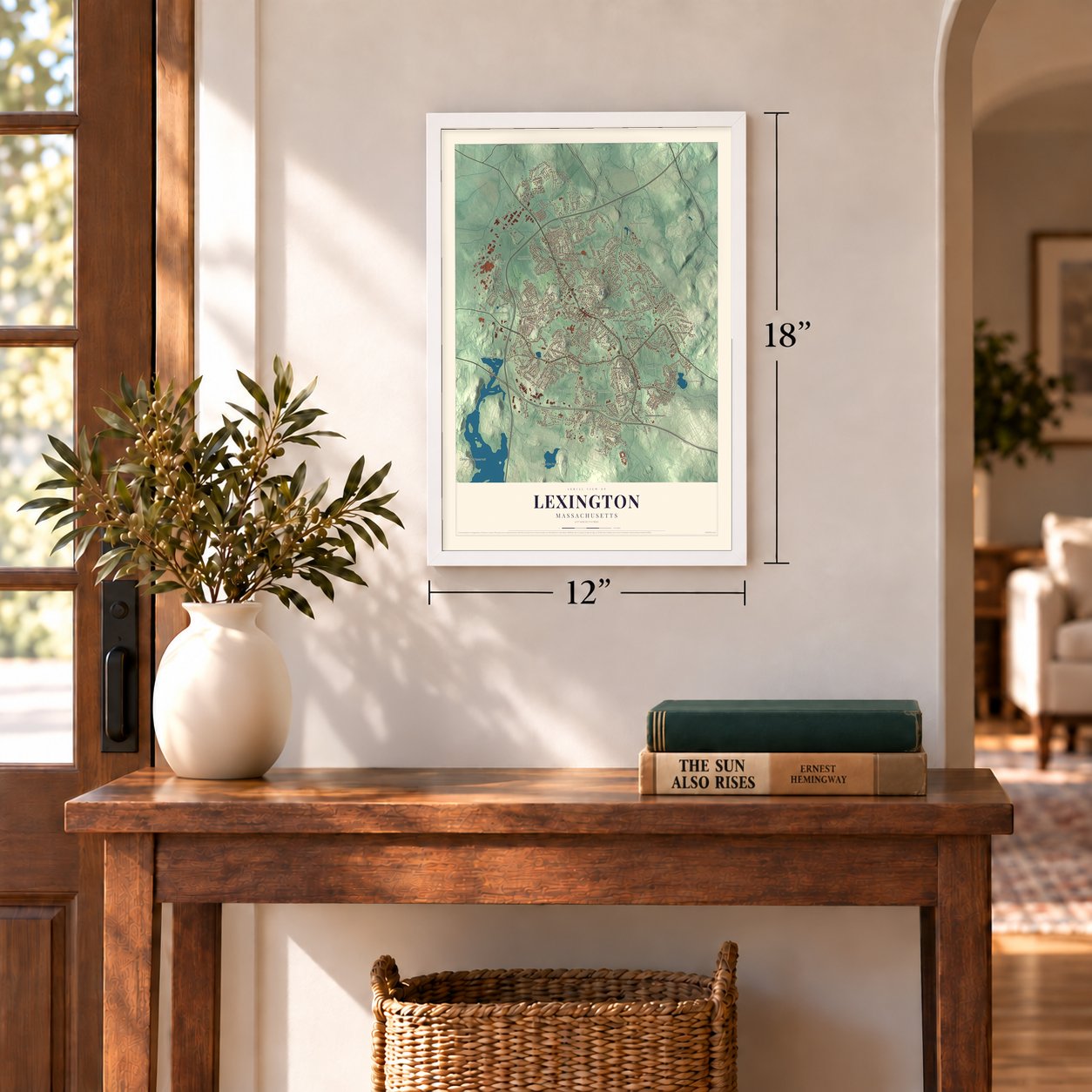 Lexington, Massachusetts map, 12 x 18 inch print in a white frame in an entryway