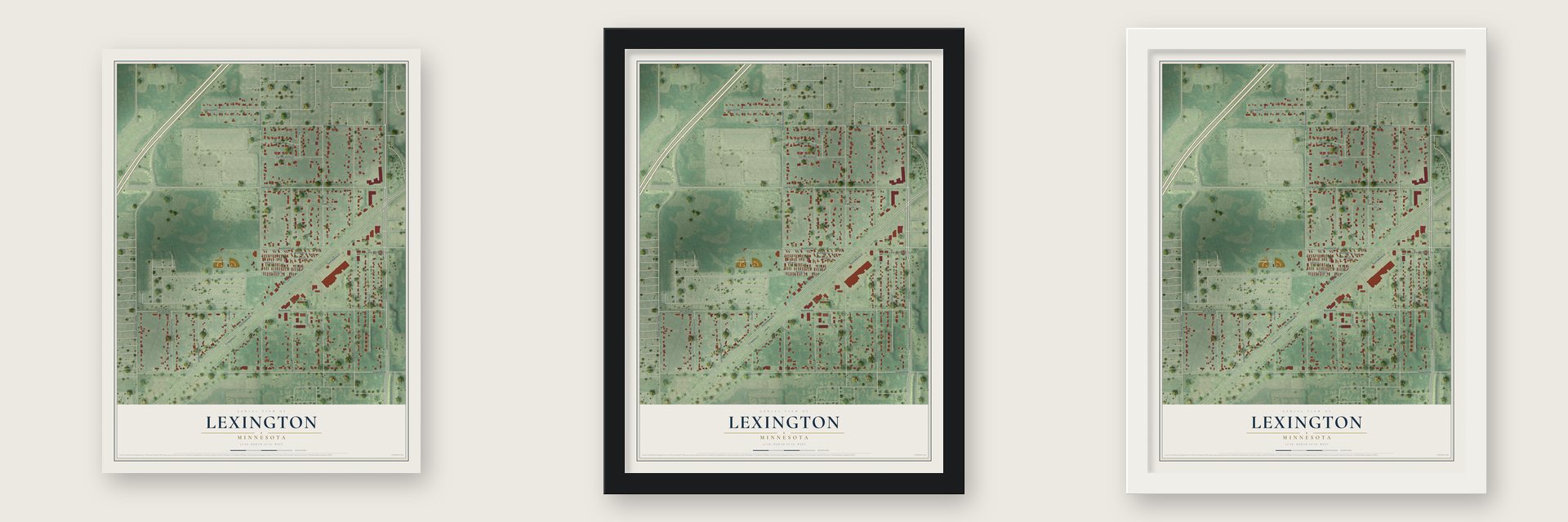 Lexington, Minnesota map unframed, in a black wood frame and in a white wood frame