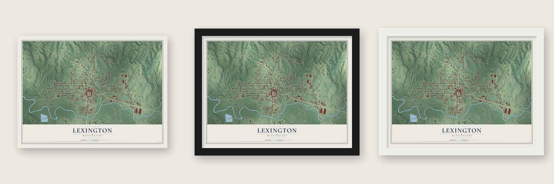 Lexington, Mississippi map unframed, in a black wood frame and in a white wood frame