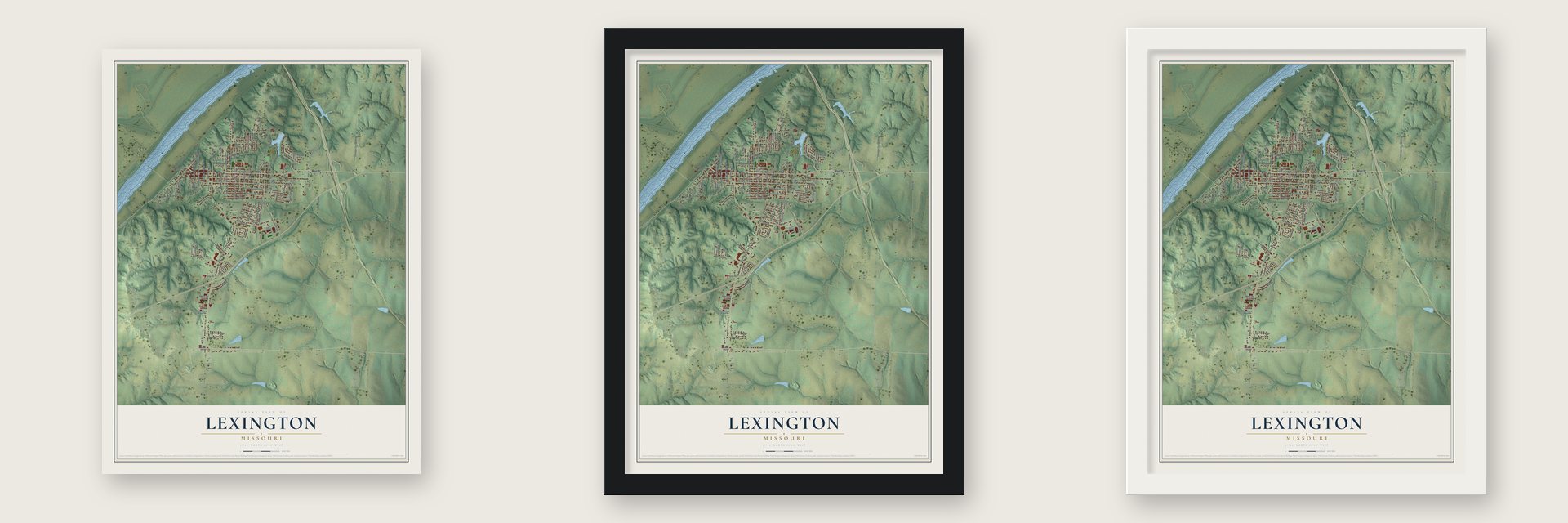 Lexington, Missouri map unframed, in a black wood frame and in a white wood frame