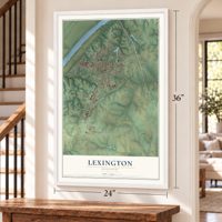 Lexington, Missouri map, 24 x 36 inch print in a white frame by a staircase