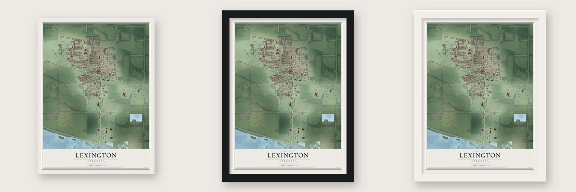 Lexington, Nebraska map unframed, in a black wood frame and in a white wood frame