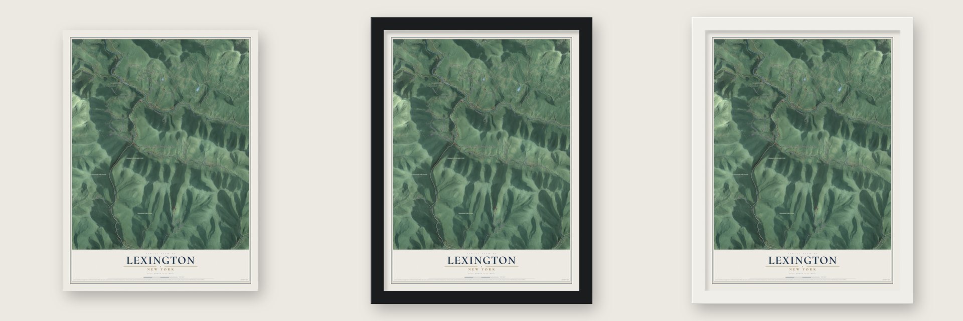 Lexington, New York map unframed, in a black wood frame and in a white wood frame