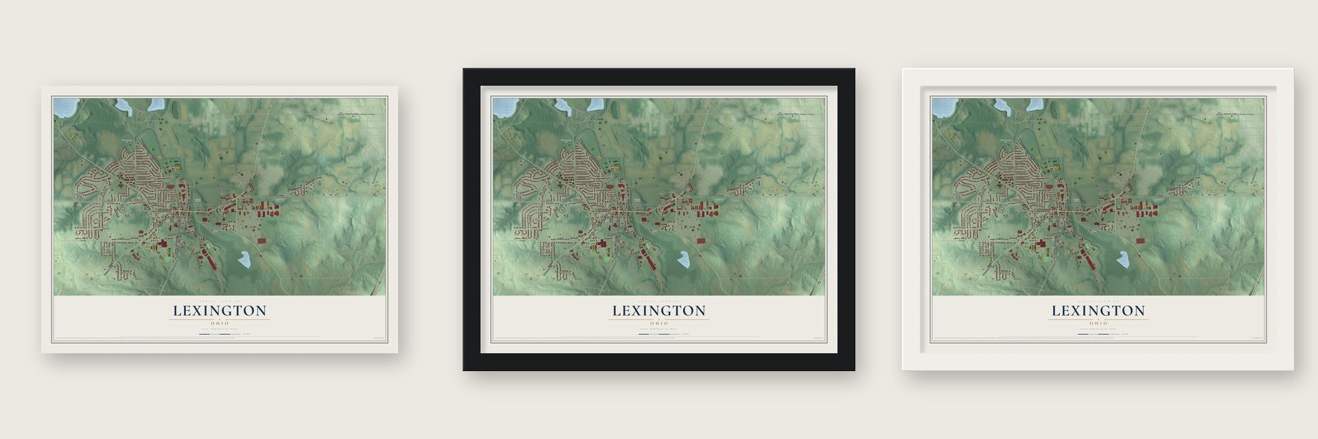 Lexington, Ohio map unframed, in a black wood frame and in a white wood frame