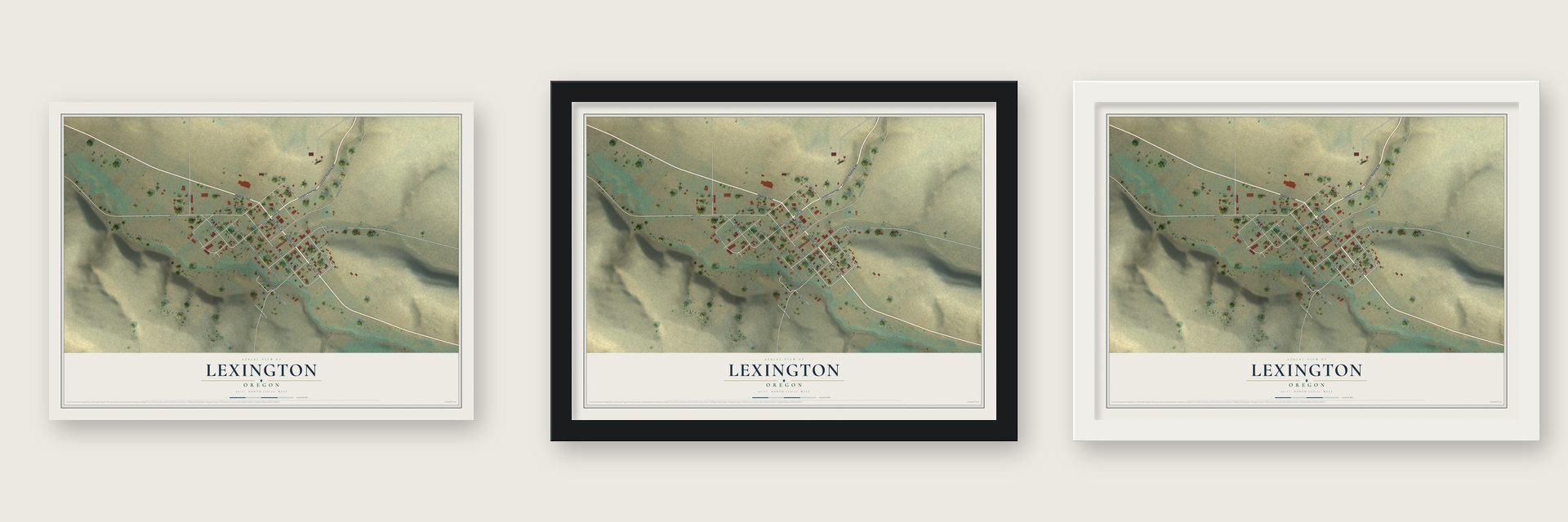 Lexington, Oregon map unframed, in a black wood frame and in a white wood frame