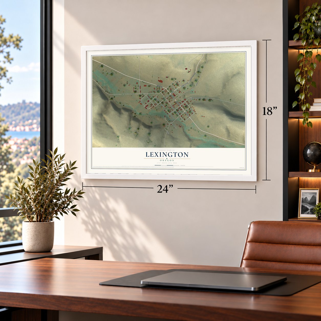 Lexington, Oregon map, 18 x 24 inch print in a white frame in a home office